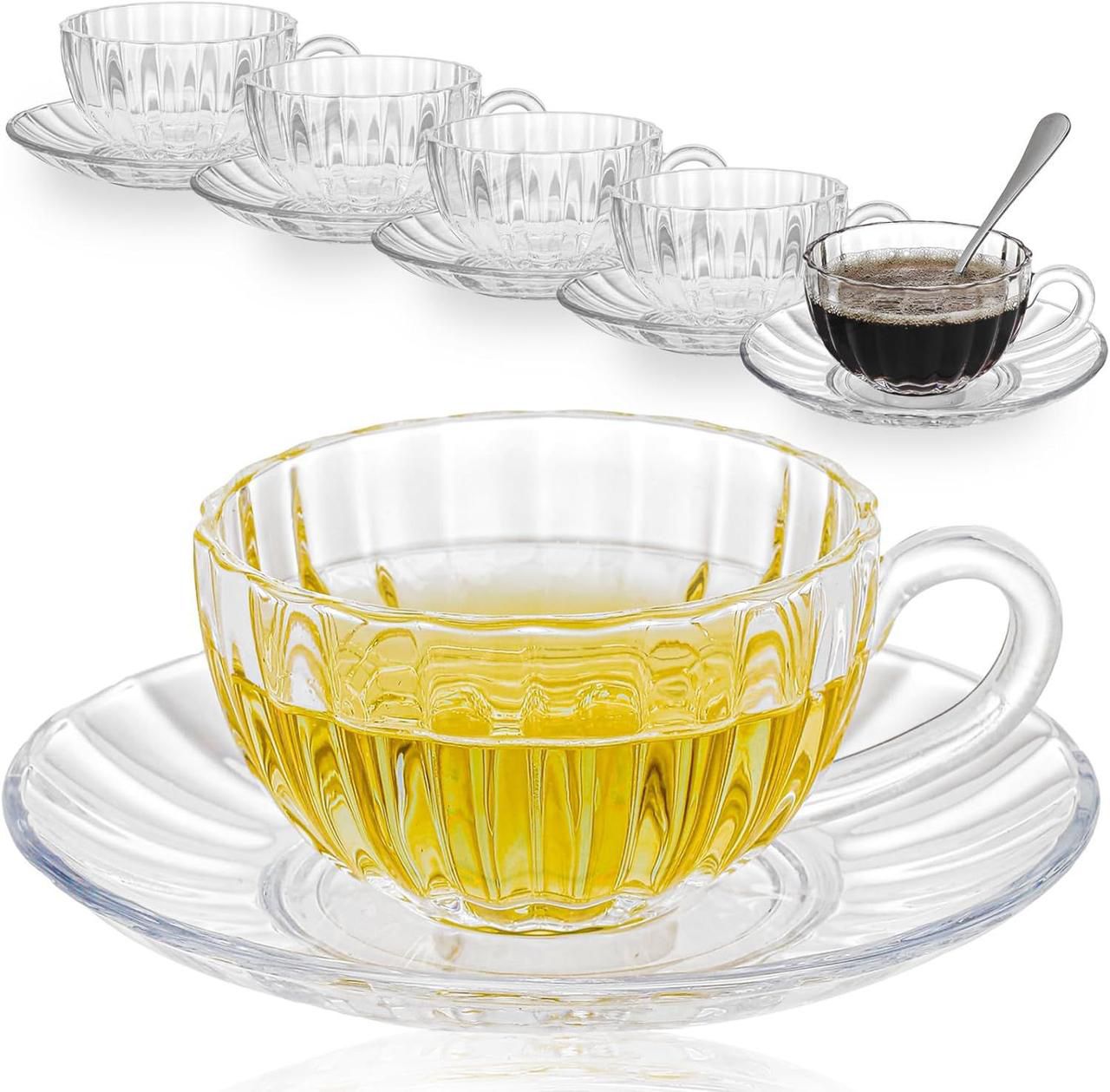 Set of 6 Pumpkin Glass Cups & Saucers