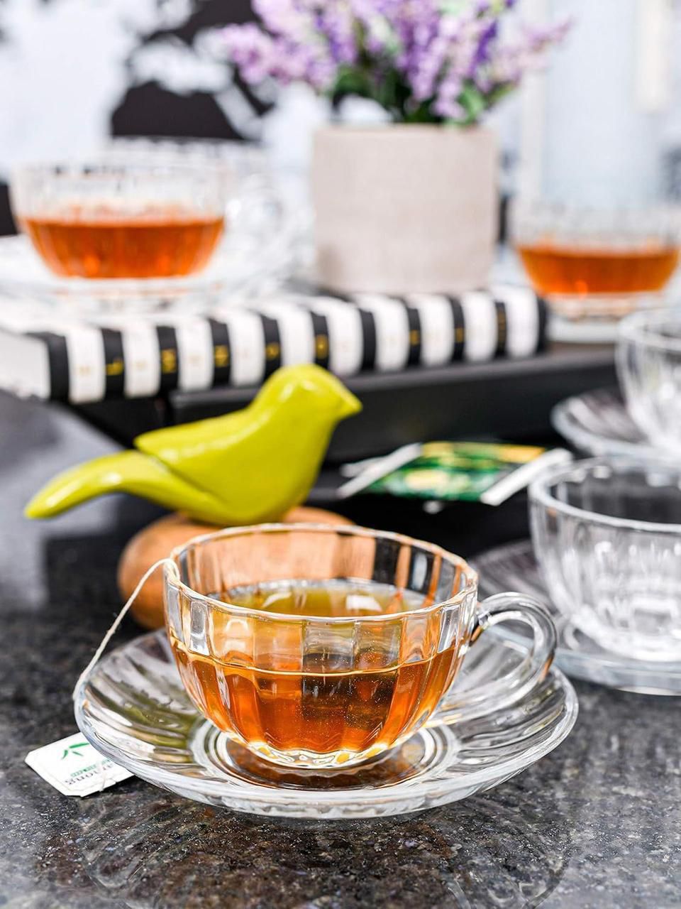 Set of 6 Pumpkin Glass Cups & Saucers