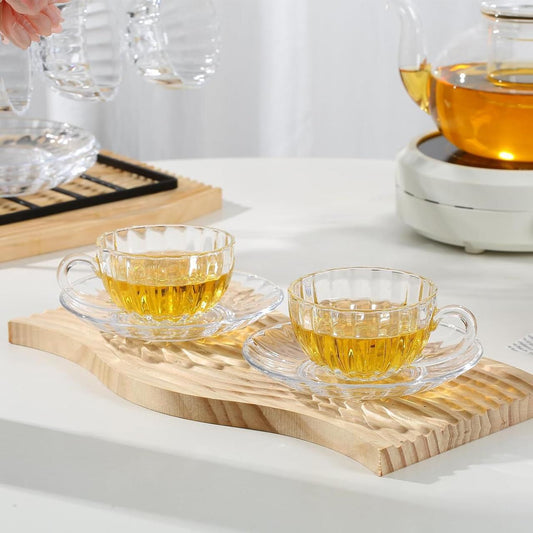 Set of 6 Pumpkin Glass Cups & Saucers
